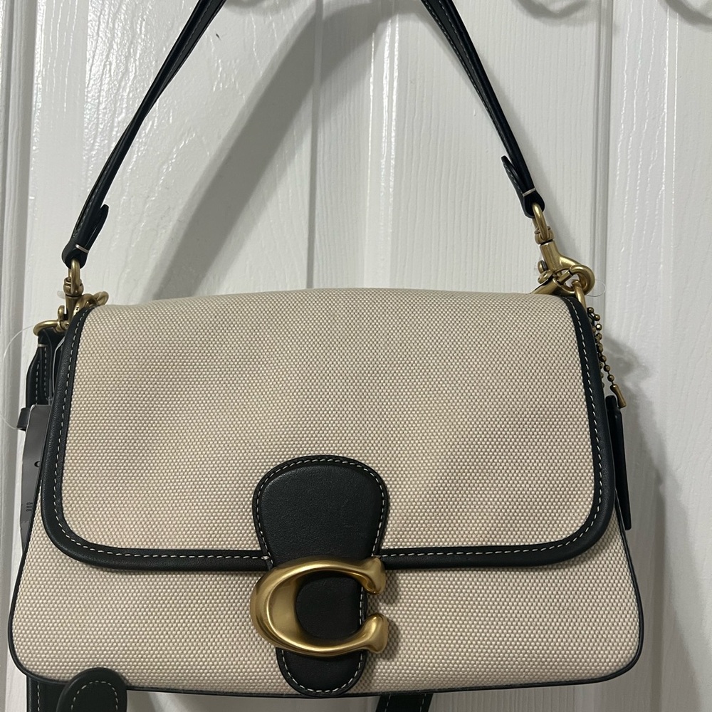 Coach Cream and Black Shoulder Bag with Gold Accents